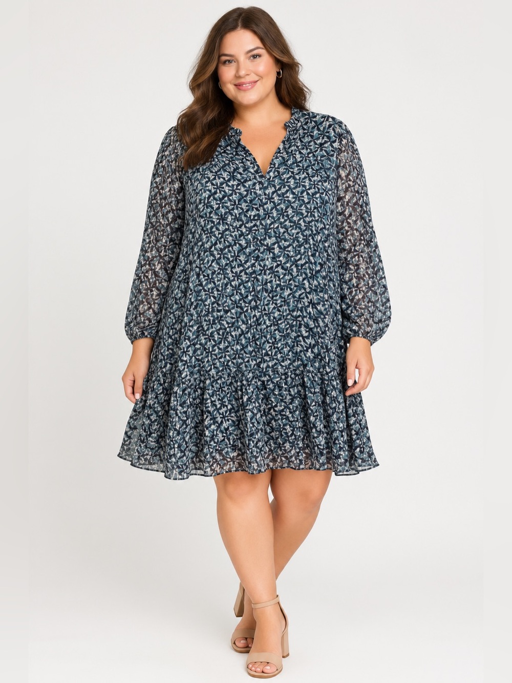 Maggy London Woman Shift Dress Navy Blue Green Long Sleeve Size 18W
